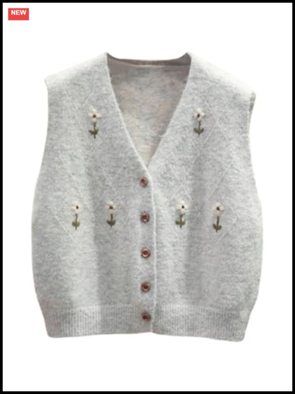Sleeveless Button Up Knit Sweater Vest Floral Embroidery Boho Chic Brunch Top